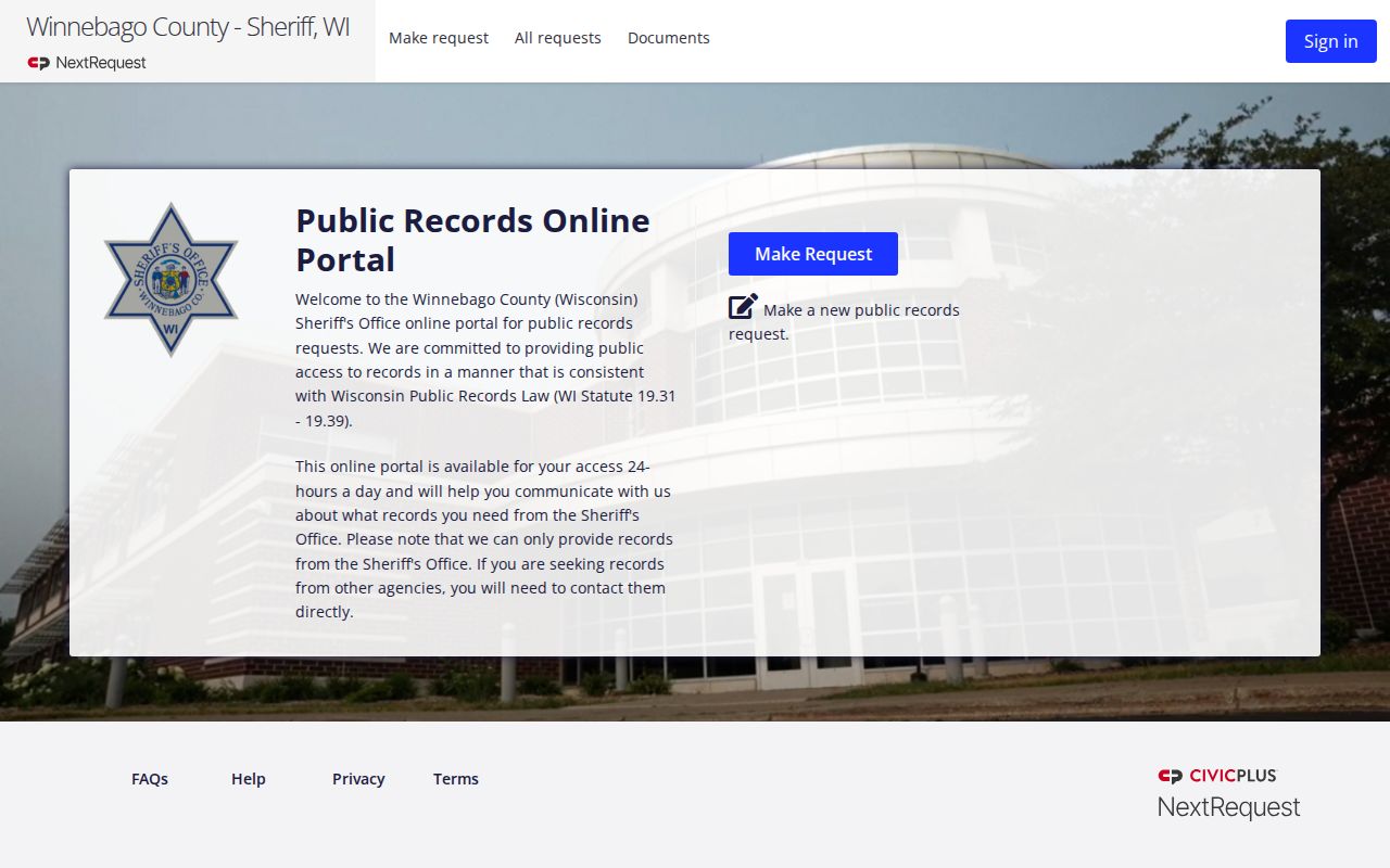 Winnebago County arrest report request portal operated by the Sheriff's Office