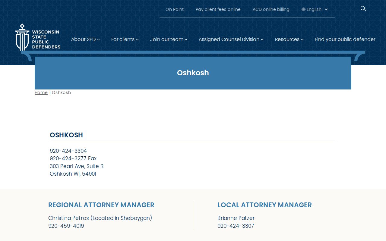 Wisconsin State Public Defender office information for Winnebago County criminal court cases
