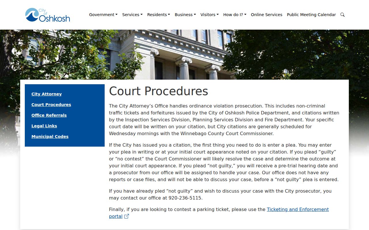 Oshkosh criminal history citation plea and hearing procedure